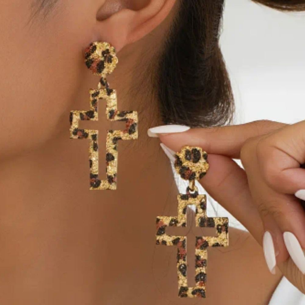 Cross leopard print gold tone earrings